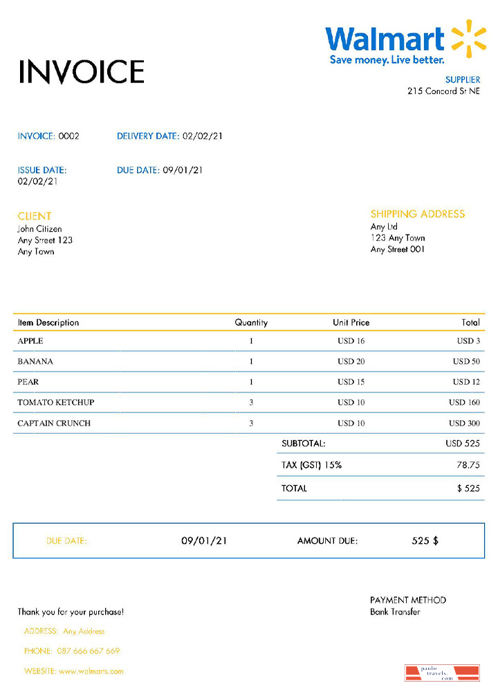USA Walmart invoice template PSD template